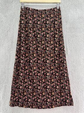 Charter Club Midi Skirt Womens 8 Black Brown Floral Cotton Crinkle Elastic Waist
